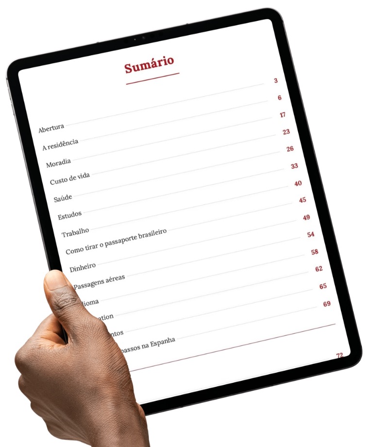 Mão segurando um tablet com o sumário do Guia Morar na Espanha: residência, moradia, custo de vida, saúde, estudos, trabalho, passaporte, dinheiro, passagens, idioma e mais